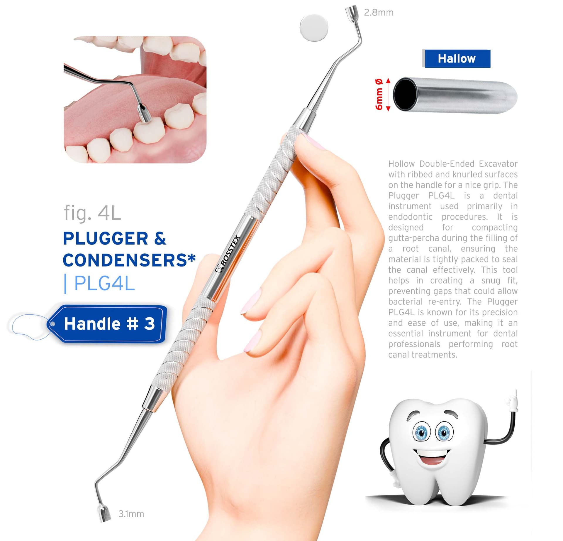 Dental Plugger/Condenser 4, Smooth, 2.8mm–3.1mm, Handle No. 3