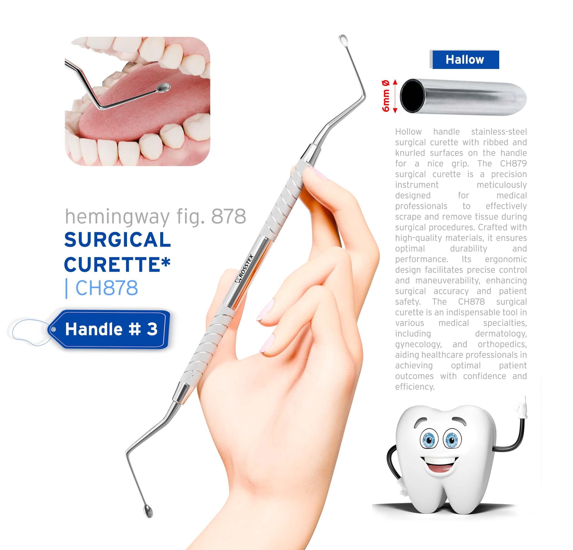 Dental Surgical Curette Hemingway 878, Handle No. 3