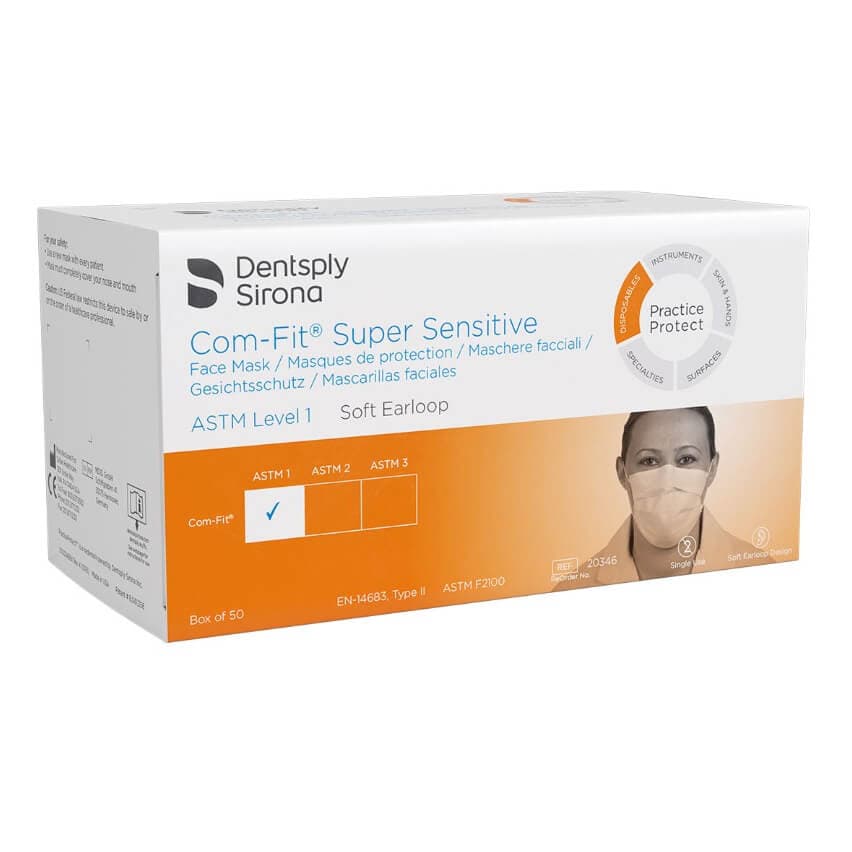 Com-Fit Super Sensitive Masks, Level 1, Earloop, White, PK/50